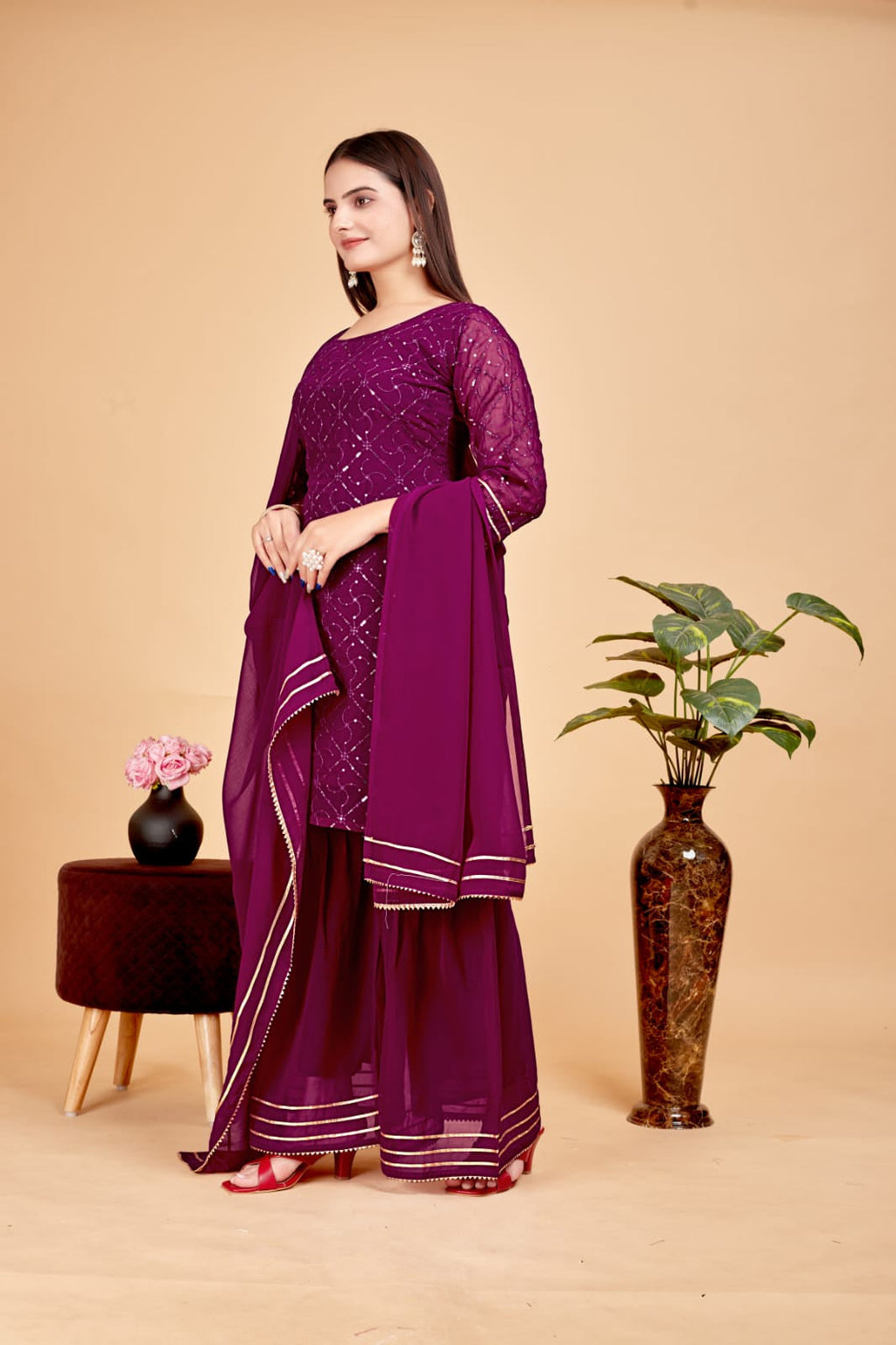 Women's A-Line Purple Kurta and Sharara With Dupatta Set - A2M | Grocsy