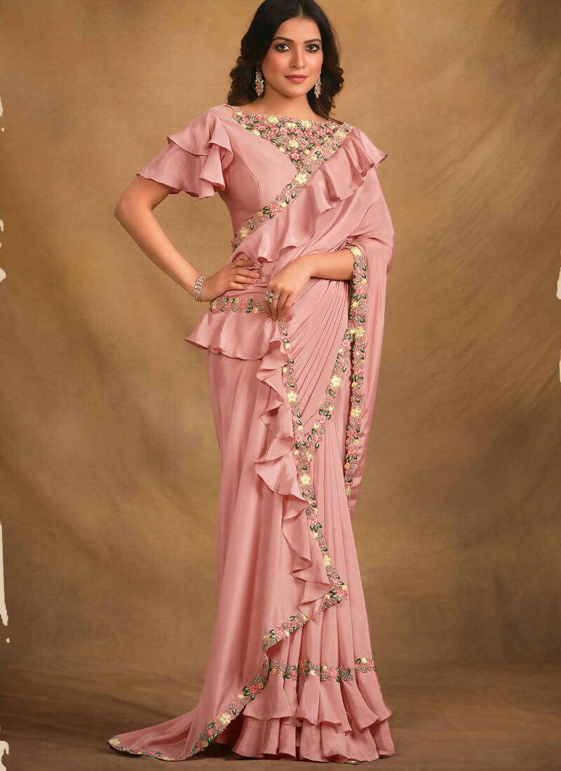 Pink Crepe Georgette Silk Designer Saree with Unstitched Blouse - Norita Mahitha | Grocsy