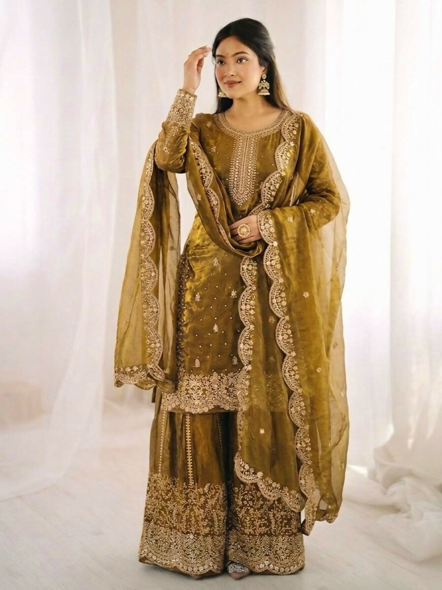Teeya Creation Womens New Trendy Embroidery Coding And Sequence Work Gold Kurta Set | Grocsy