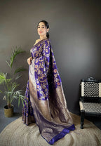 Joban Fashion Violet Floral & Ethnic Motifs Design Soft Silk Meenakari Banarasi Saree | Grocsy