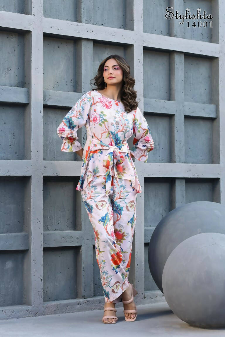 Women's Partywear Designer White & Multi Muslin co-ord set - Stylishta | Grocsy