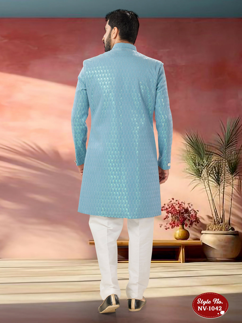 Joban Fashion Men's Blue Straight Imported Armani Thread And Sequence Embroidary All Over Indo-Western Kurta Set | Grocsy