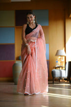 Vamsee Manbhari Peach Organza Saree | Grocsy