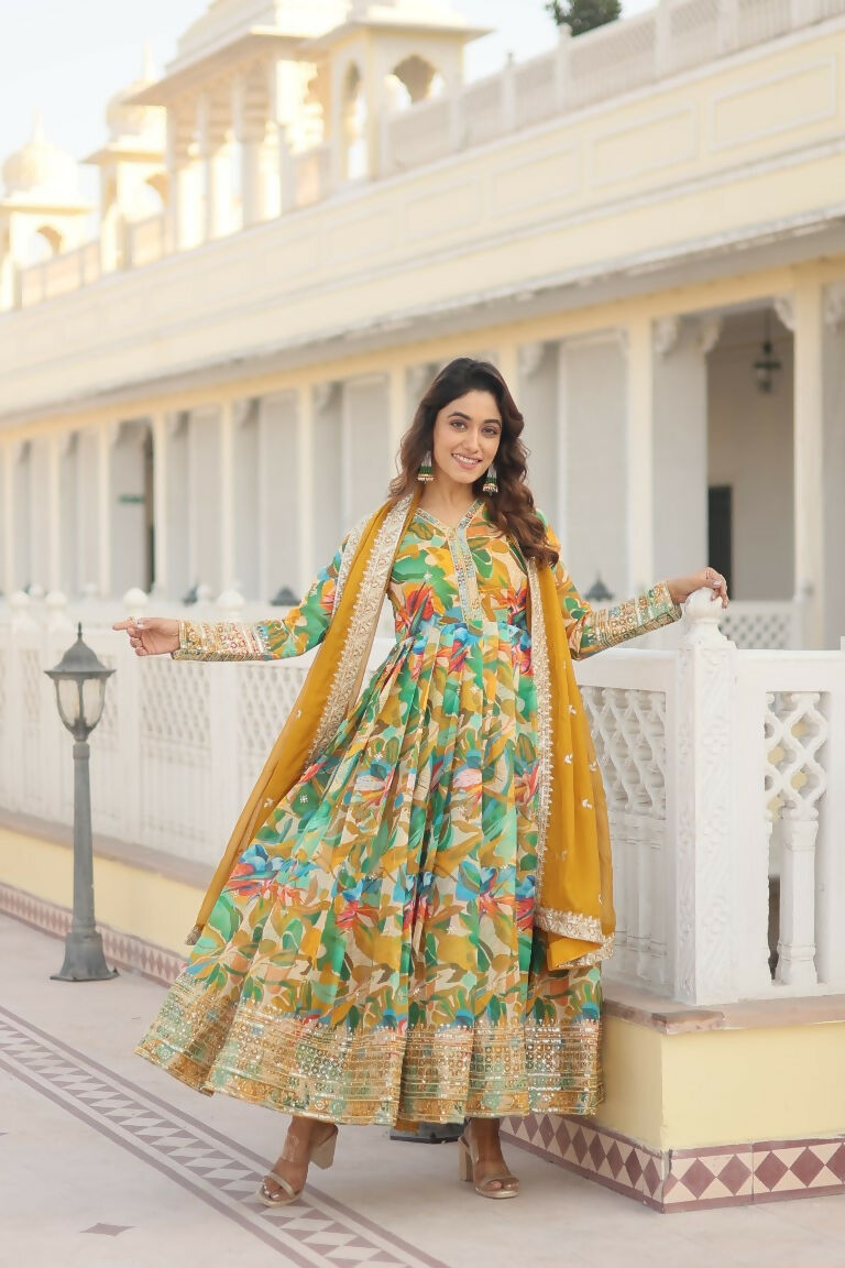 Jyoti Fashion Women's Green Russian Silk Sequins Zari Embroideredy Anarkali Dress with Dupatta | Grocsy