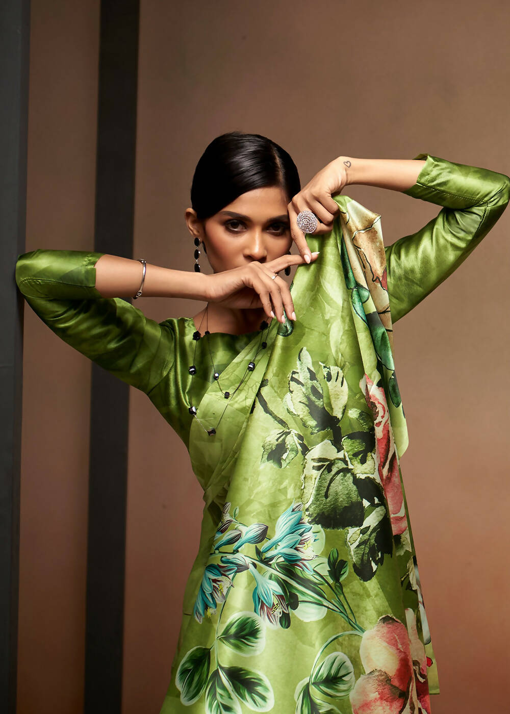 Green Satin Digital Printed Saree with Unstitched Blouse Piece - Jodha | Grocsy