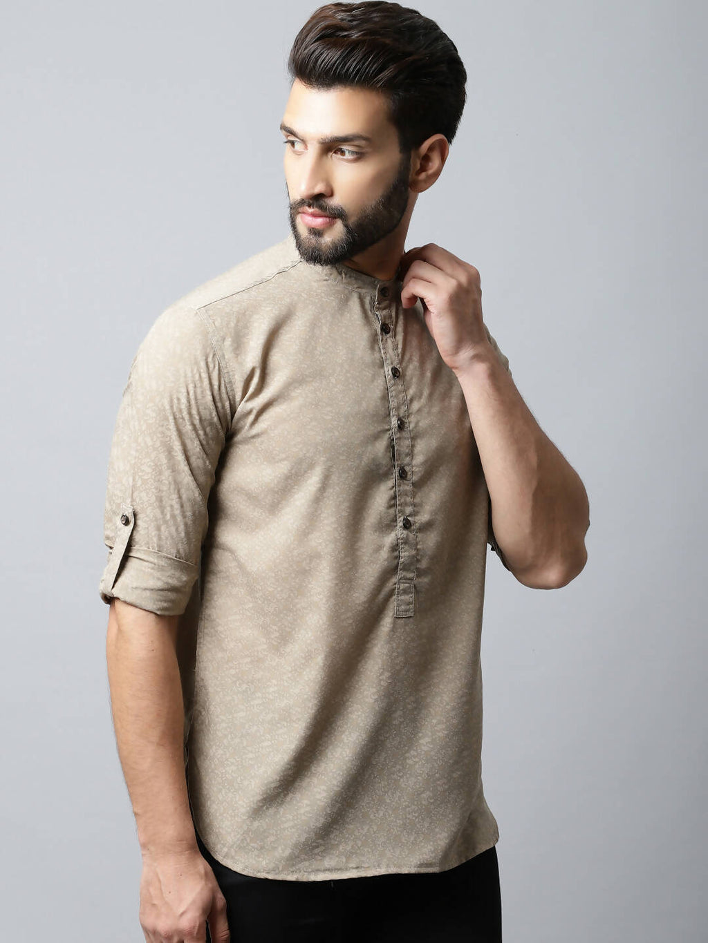 Even Apparels Beige Color Pure Cotton Men's Kurta With Band Collar (SLD072) | Grocsy