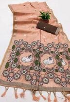 Vastranavya Peach Muga Cotton Meenakari & Azarakh Pallu Saree with Contrast Blouse | Grocsy
