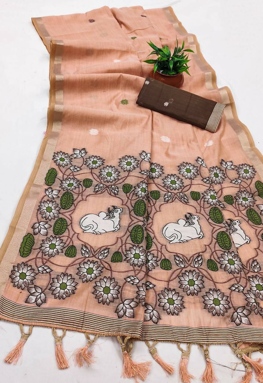 Vastranavya Peach Muga Cotton Meenakari & Azarakh Pallu Saree with Contrast Blouse | Grocsy