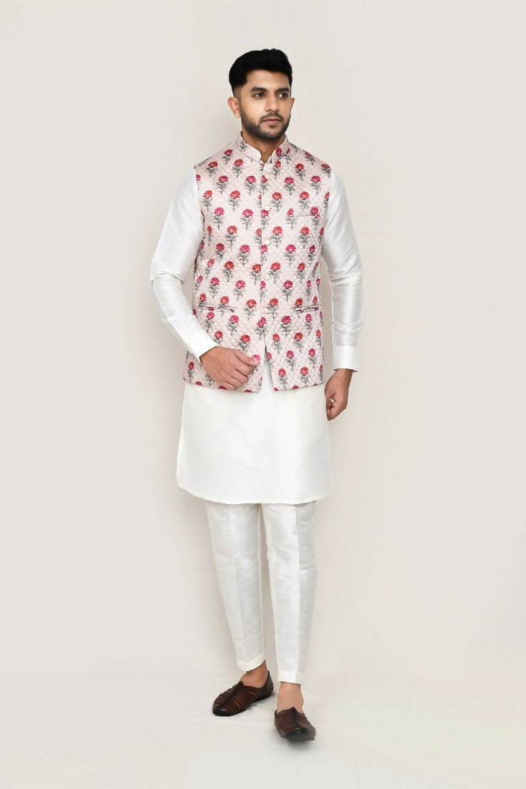 Joban Fashion White Colored Art Silk Fabric Kurta, Jacket With Straight Fit Pant | Grocsy