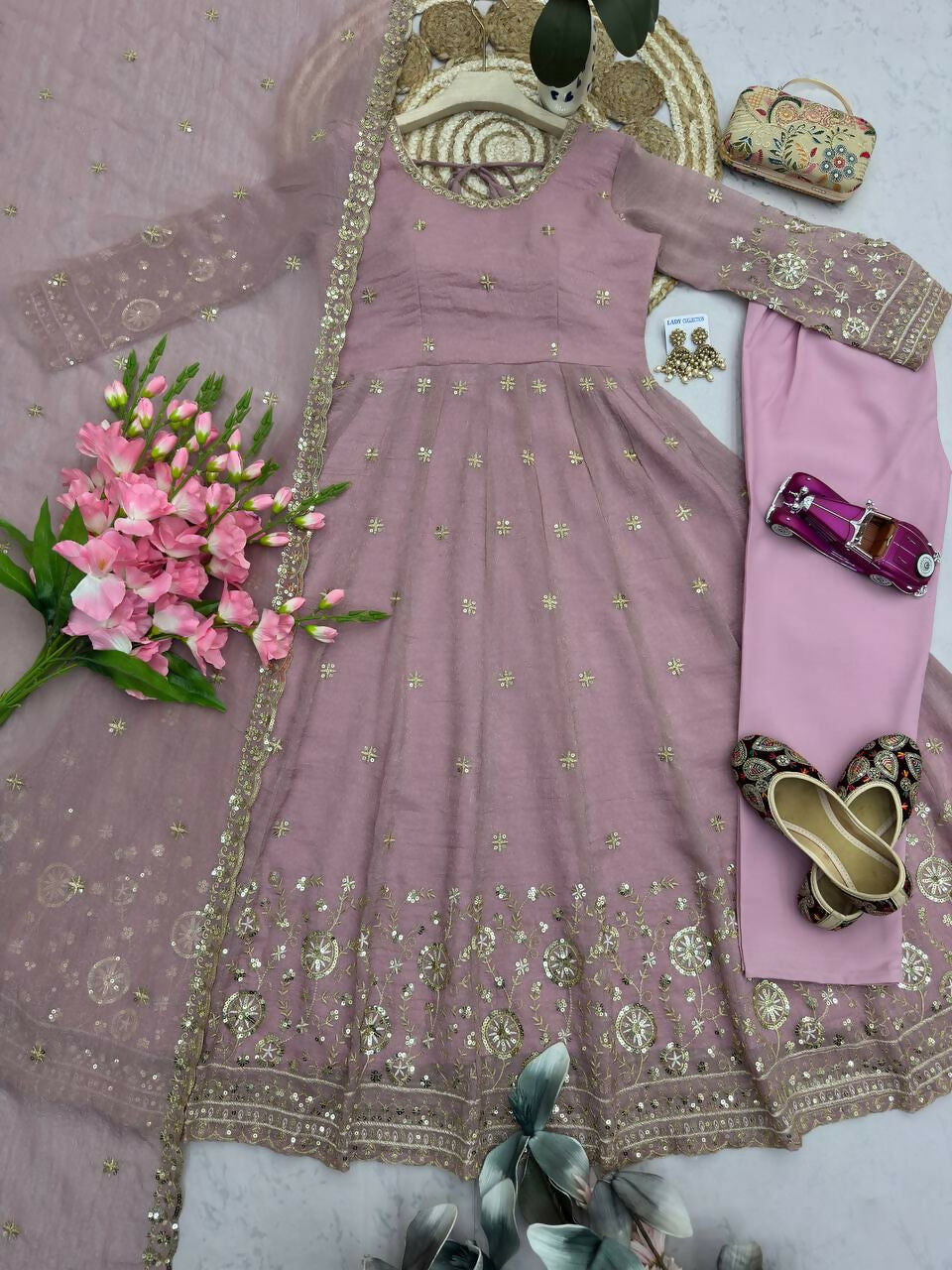 Teeya Creation Elegant Pink Embroidered Anarkali Kurta Set With Mirror Work Dupatta | Grocsy