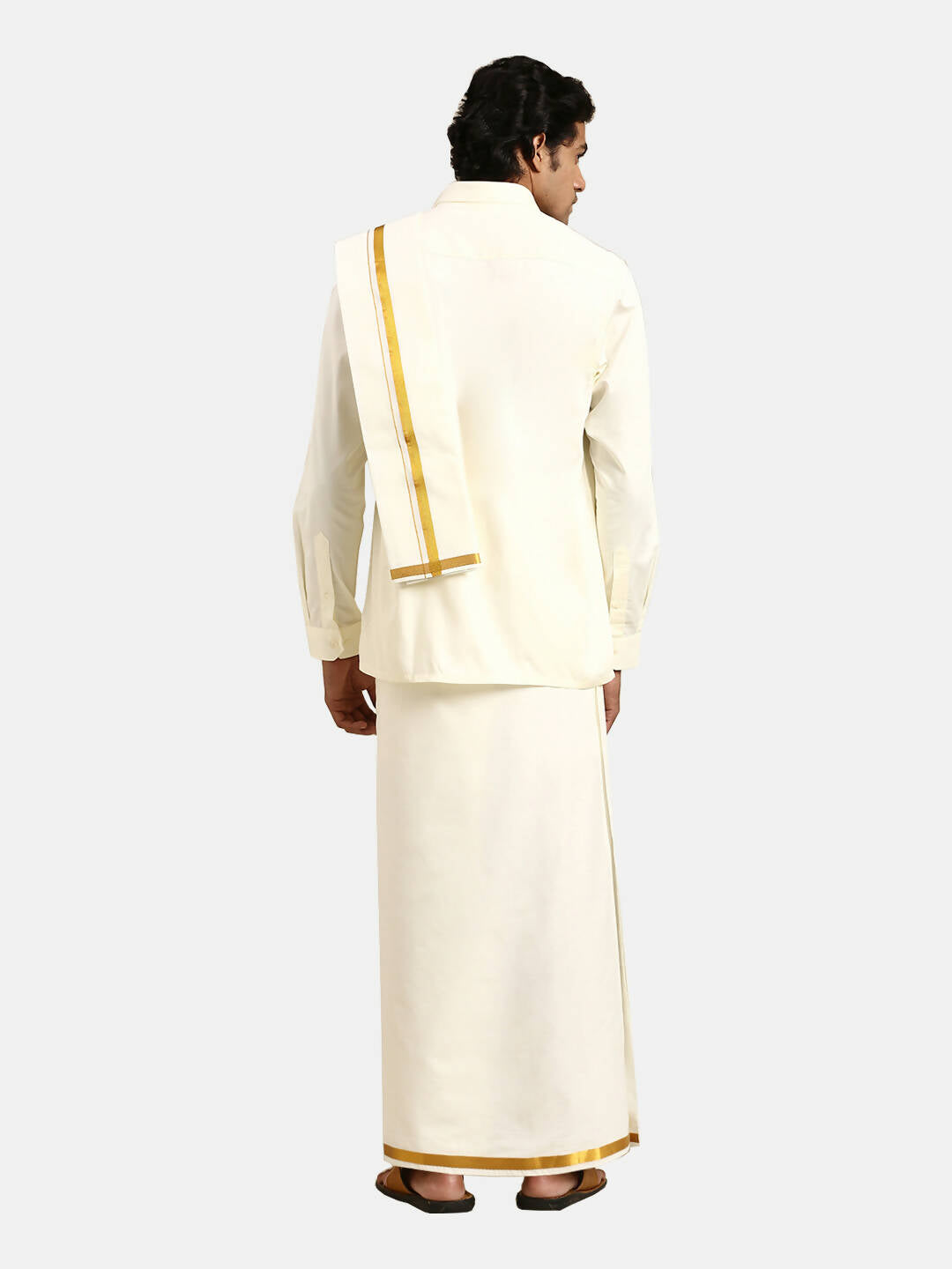 Ramraj Cotton 2 In 1 Set For Mens Readymade Cream Double Layer Pocket Dhoti With 3/4 Inch Golden Jari And Towel | Grocsy