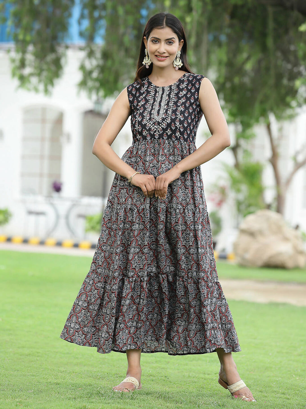 Juniper Women Teal Chanderi Festive Printed Tiered Kurta | Grocsy