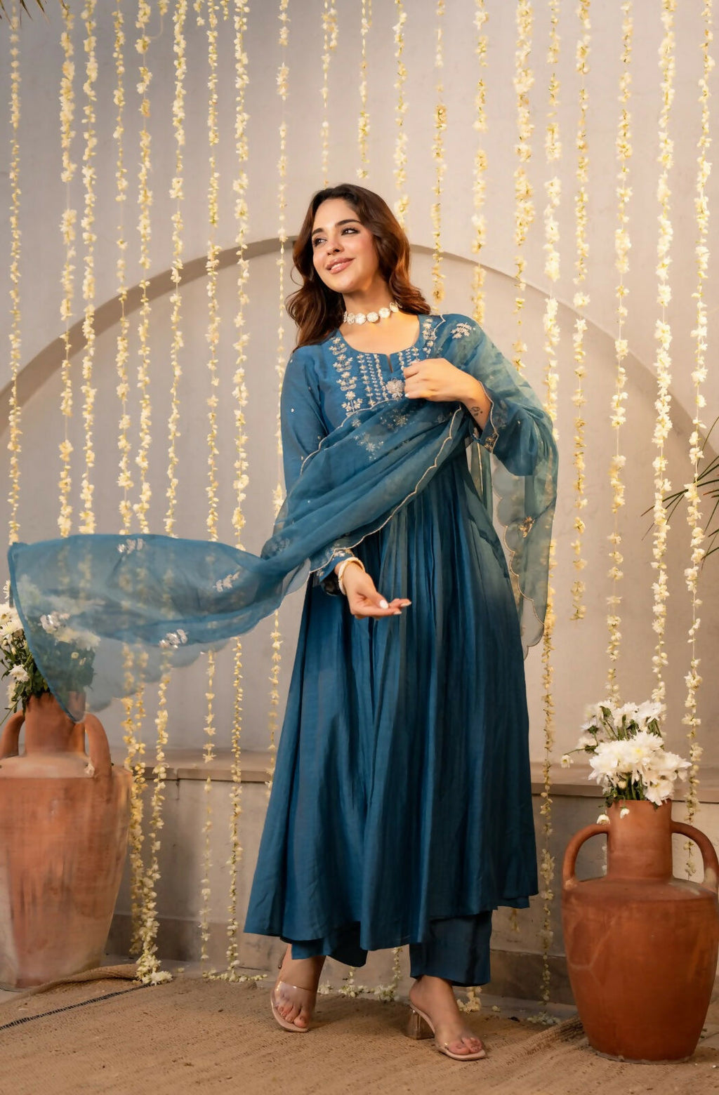 The52 Women's Beautiful Embroidery Work Chanderi Silk Fabric Flared Kurta Pant and Dupatta Set | Grocsy