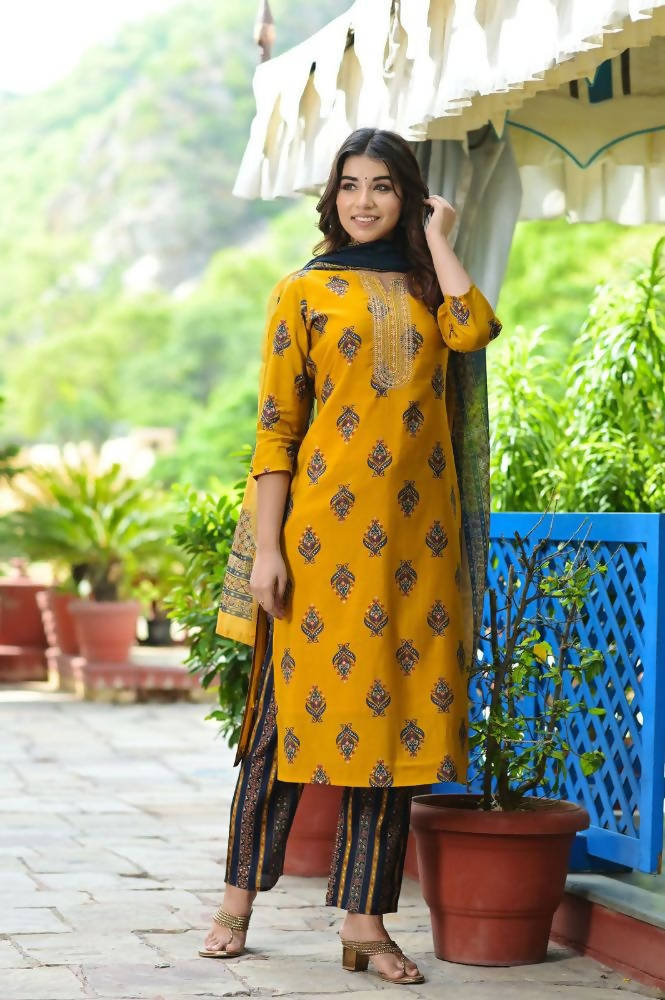 Yufta Women Mustard Yellow & Navy Blue Printed Kurta with Trouser and Dupatta | Grocsy