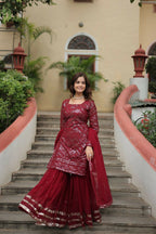 Vastranavya Premium Designer Heavy Sequins & Thread Embroidered work Top Sharara & Dupatta - Maroon | Grocsy
