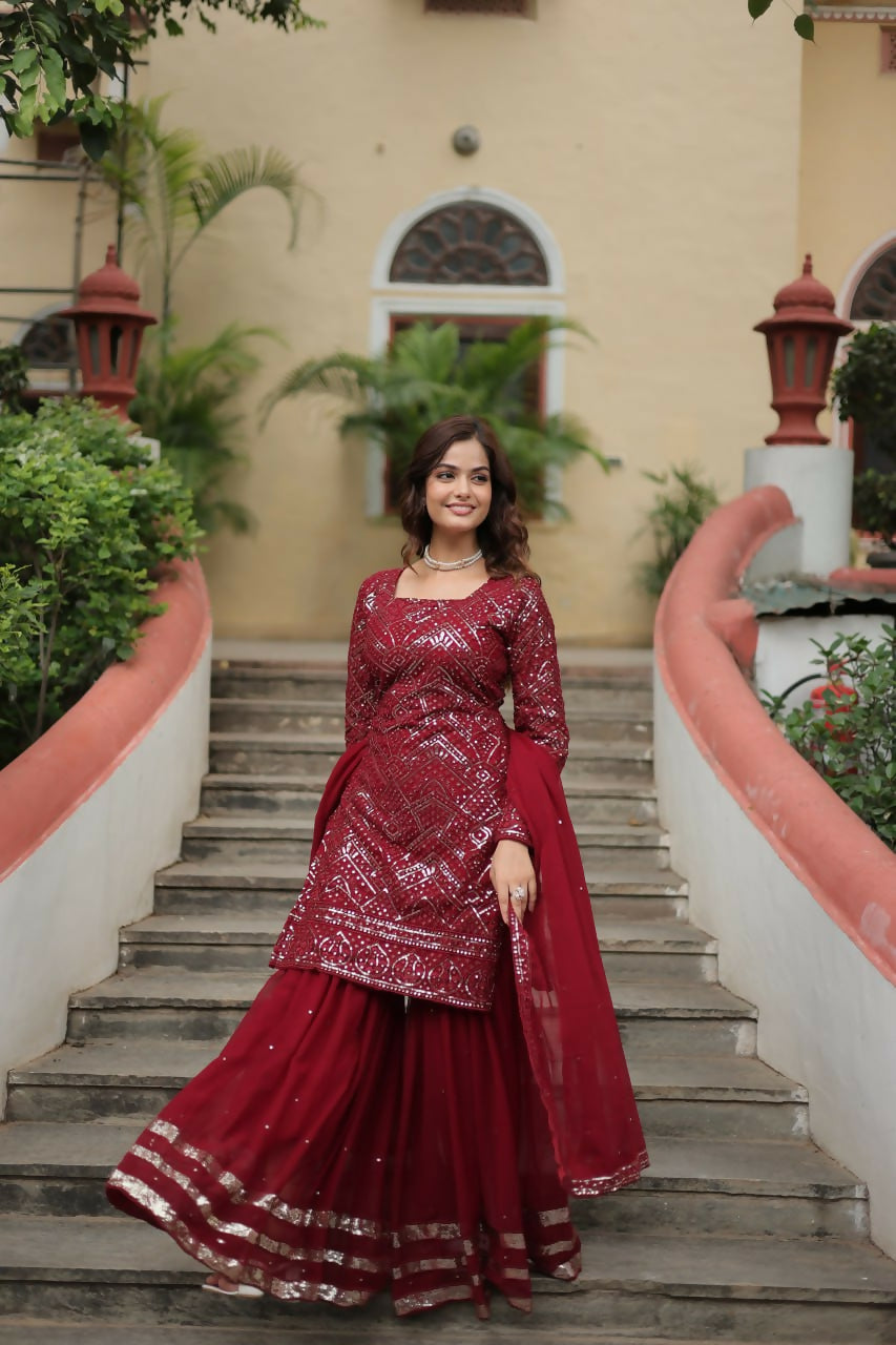 Vastranavya Premium Designer Heavy Sequins & Thread Embroidered work Top Sharara & Dupatta - Maroon | Grocsy