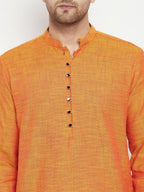 Even Apparels Orange Pure Cotton Long Men's Kurta With Band Collar | Grocsy