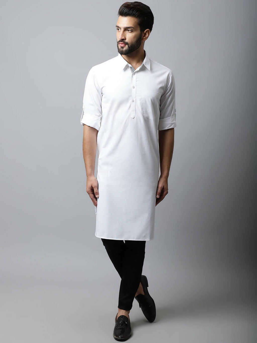 Even Apparels White Color Pure Cotton Solid Men's Kurta With Shirt Collar (SLD1203) | Grocsy