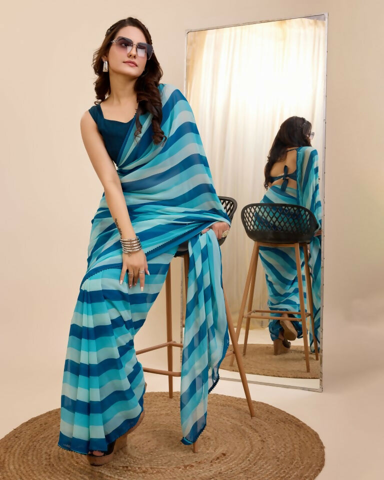 Blue Georgette Designer Printed Ready To Wear Saree - Ibiza | Grocsy