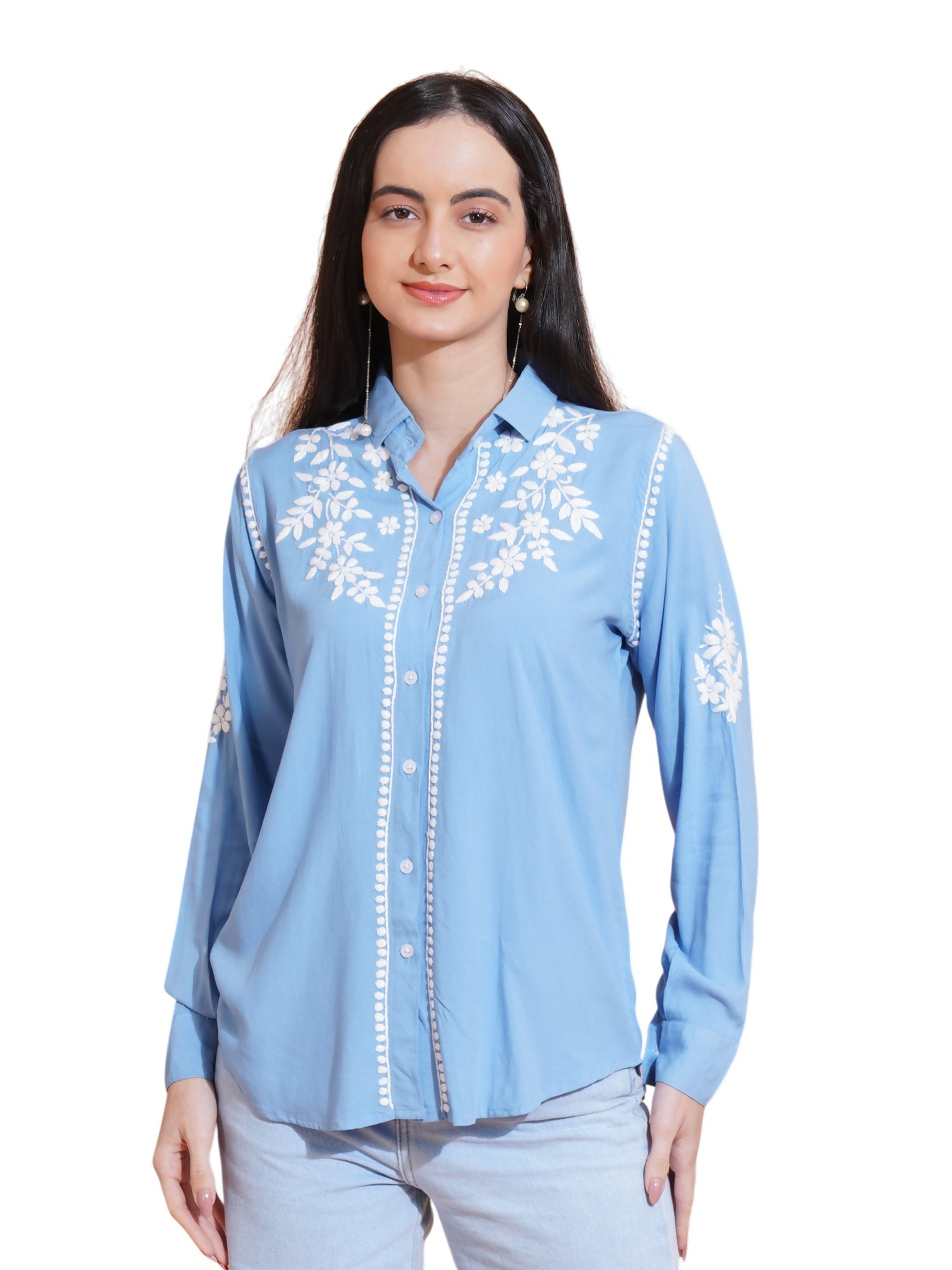 Pahnaz Modal Chikankari Handwork Shirt-Blue | Grocsy