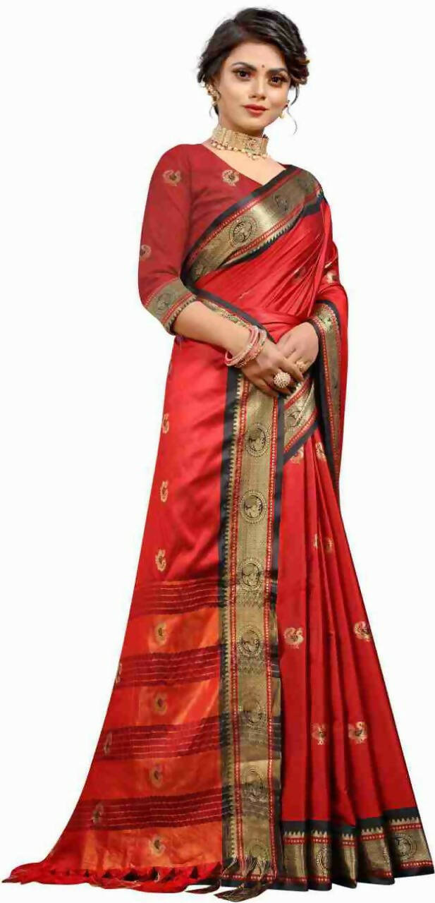 DEIANA'S Beautiful Designer Golden zari Soft Lichi Silk Saree - Red | Grocsy