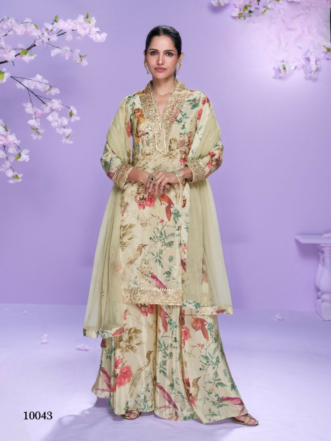 Anaita Cream Chinon Readymade Palazzo Suit with Digital Embroidery Work | Grocsy