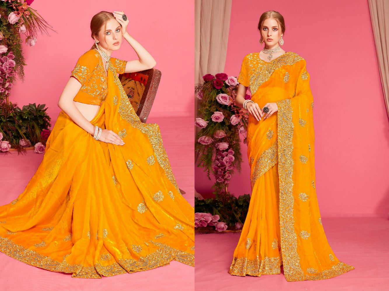 PR Fashion Mustard Fendi Two Tone Silk Heavy Zari Embroidery Work With Heavy Zircon Work Saree | Grocsy