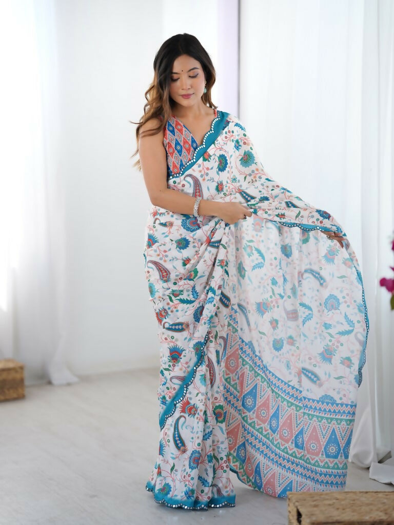 Off White Chinon Designer Digital Printed,Mirror Cut Work Saree - Elayna | Grocsy