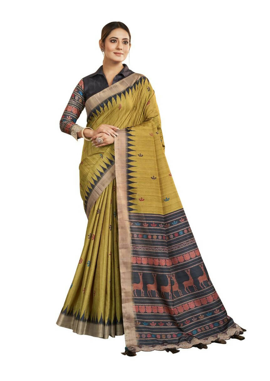 Olive Green Bhagalpuri Silk Paisley Print with Hand Mirror work Border Saree - Norita Nirvi | Grocsy