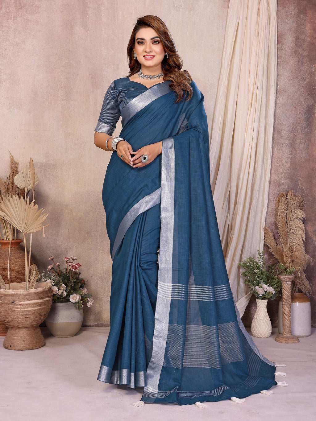 Anaita Navy Blue Weaving Linen Cotton Saree With Blouse | Grocsy
