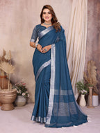 Anaita Navy Blue Weaving Linen Cotton Saree With Blouse | Grocsy