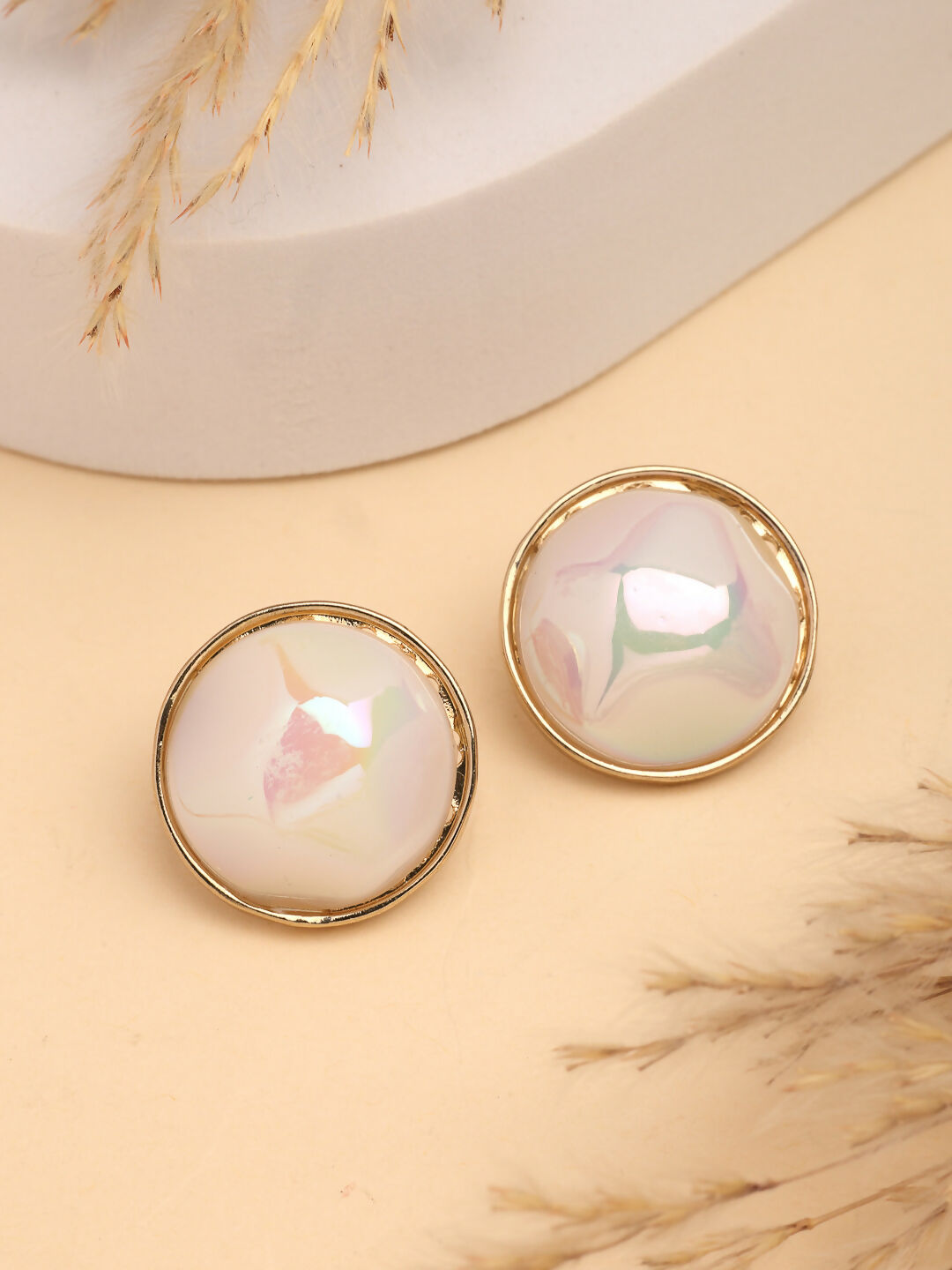 NVR Wome's Gold-Polished Pearl Studded Circular Studs Earring | Grocsy