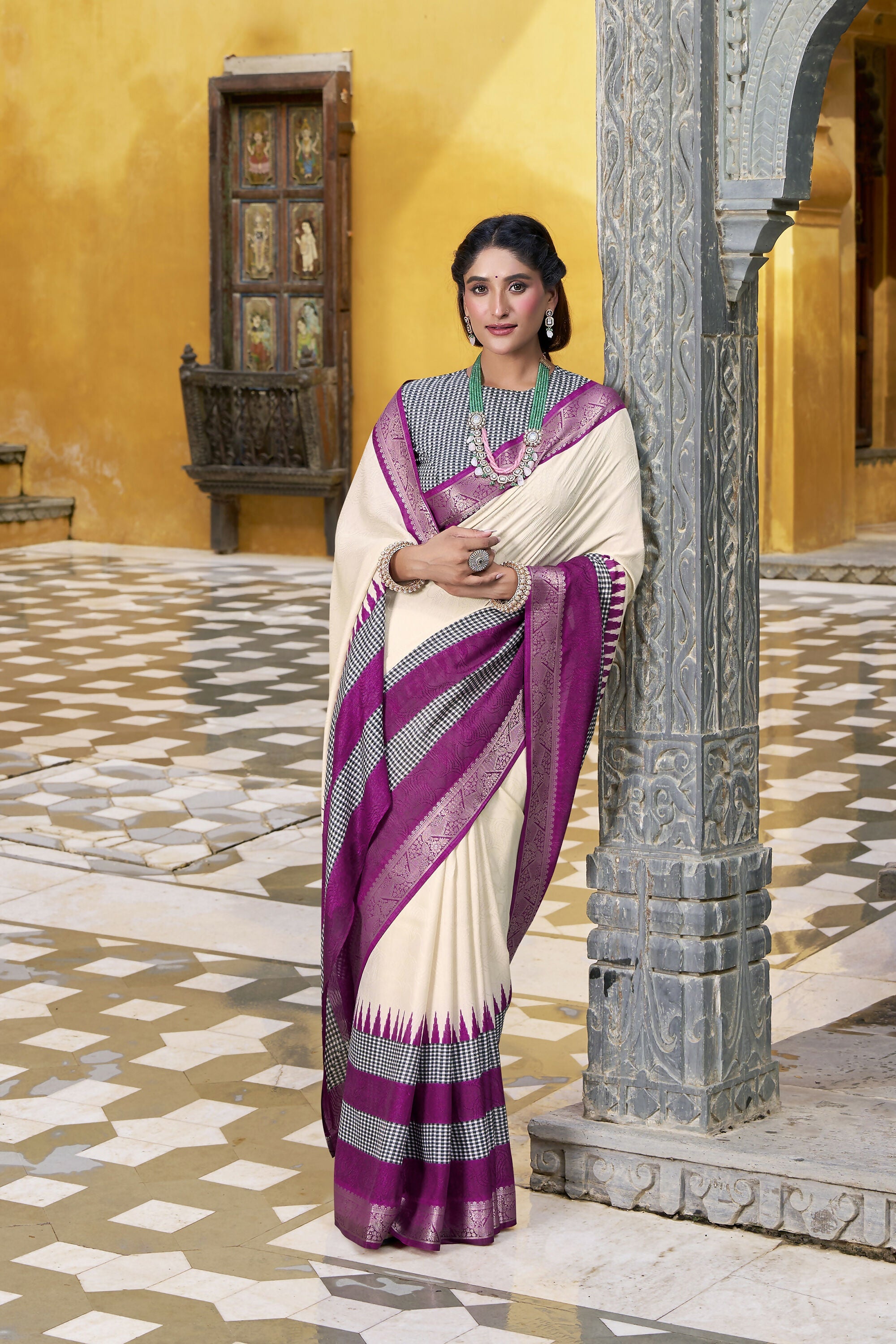 Vastranavya Off White Printed with Zari Weaving Work Poly Cotton Saree & Unstitched Blouse | Grocsy