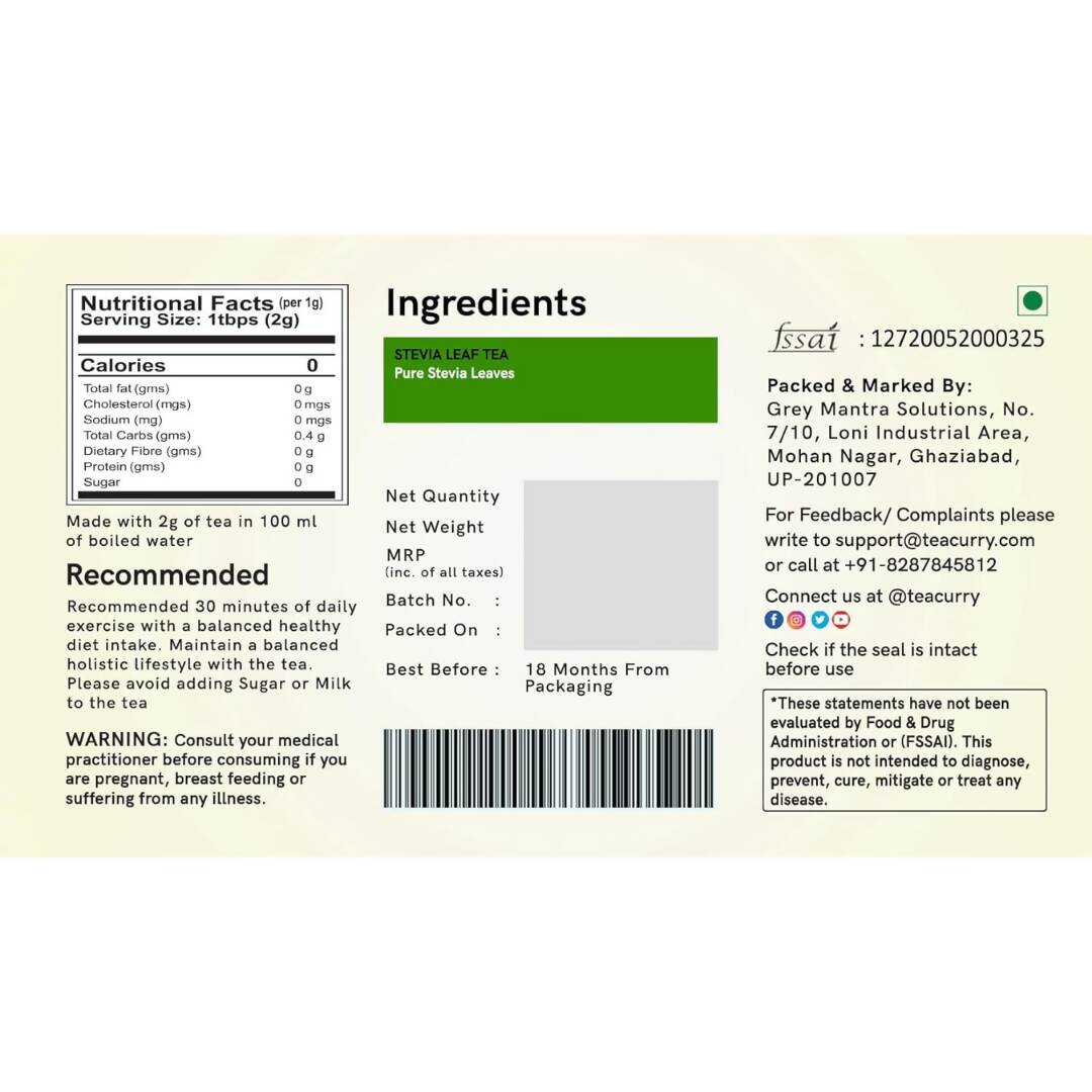 Teacurry Stevia Tea Bags | Grocsy