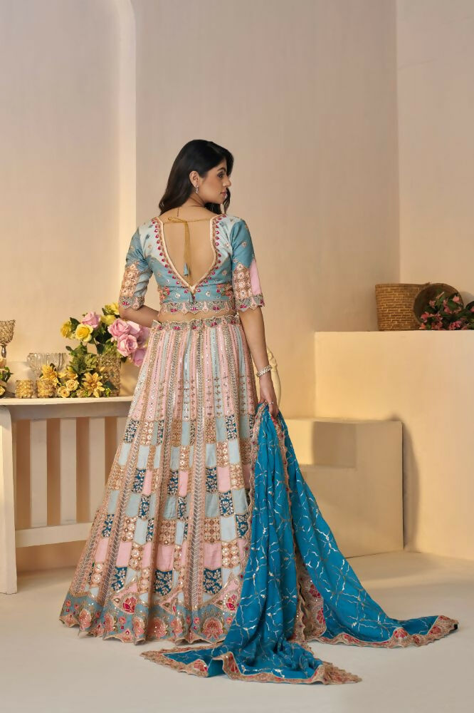 Kesar Fab Sky-Blue Silk Embroidered Lehenga | Grocsy
