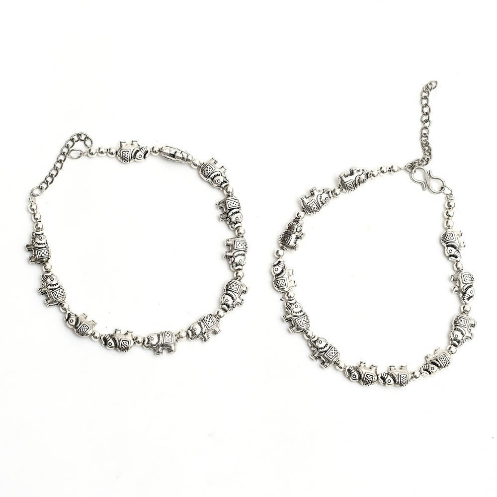 Mominos Fashion Kamal Johar Oxidised Elephant Design Silver Anklets | Grocsy
