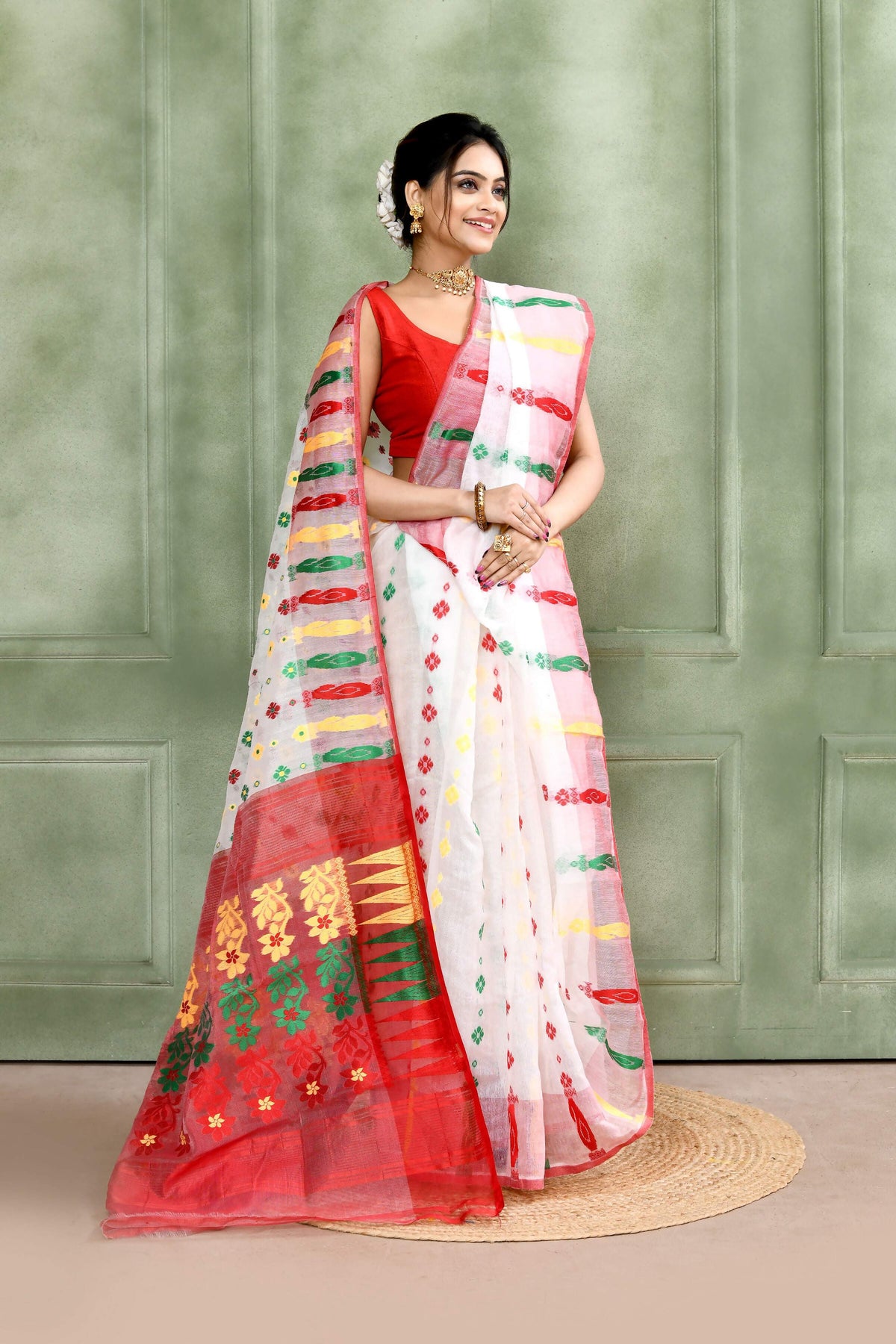 Piyari Fashion Women's White Embellished Cotton Blend Jamdani Saree | Grocsy