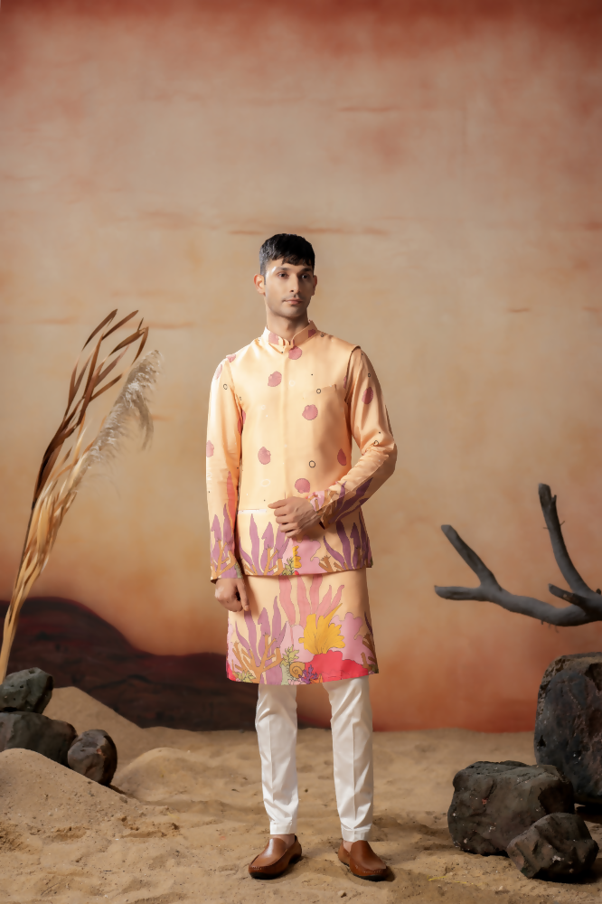 Coral Sunset Nehru Jacket Set by Hilo Design | Grocsy