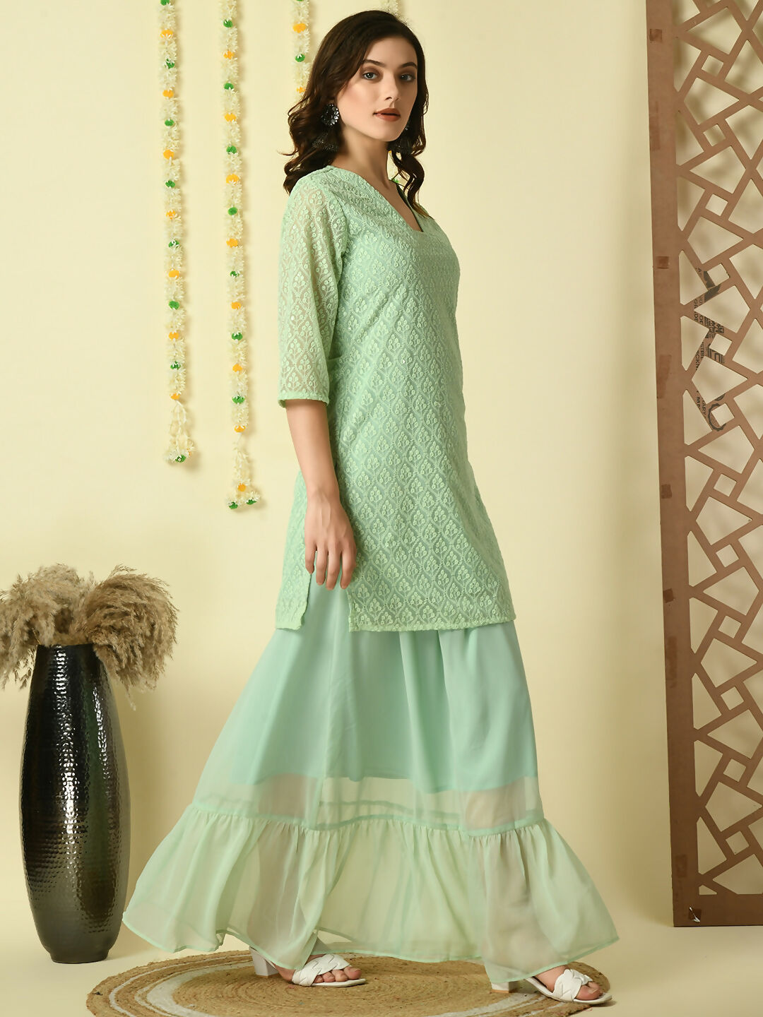 Myshka Women's Green Georgette Kurti & Skirt With Dupatta Party Sets | Grocsy