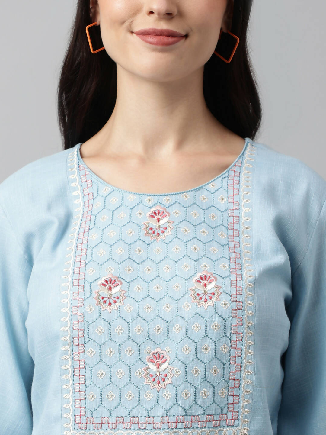 Light Blue Rayon Yoke Embroidered A-line Top - Tarini | Grocsy