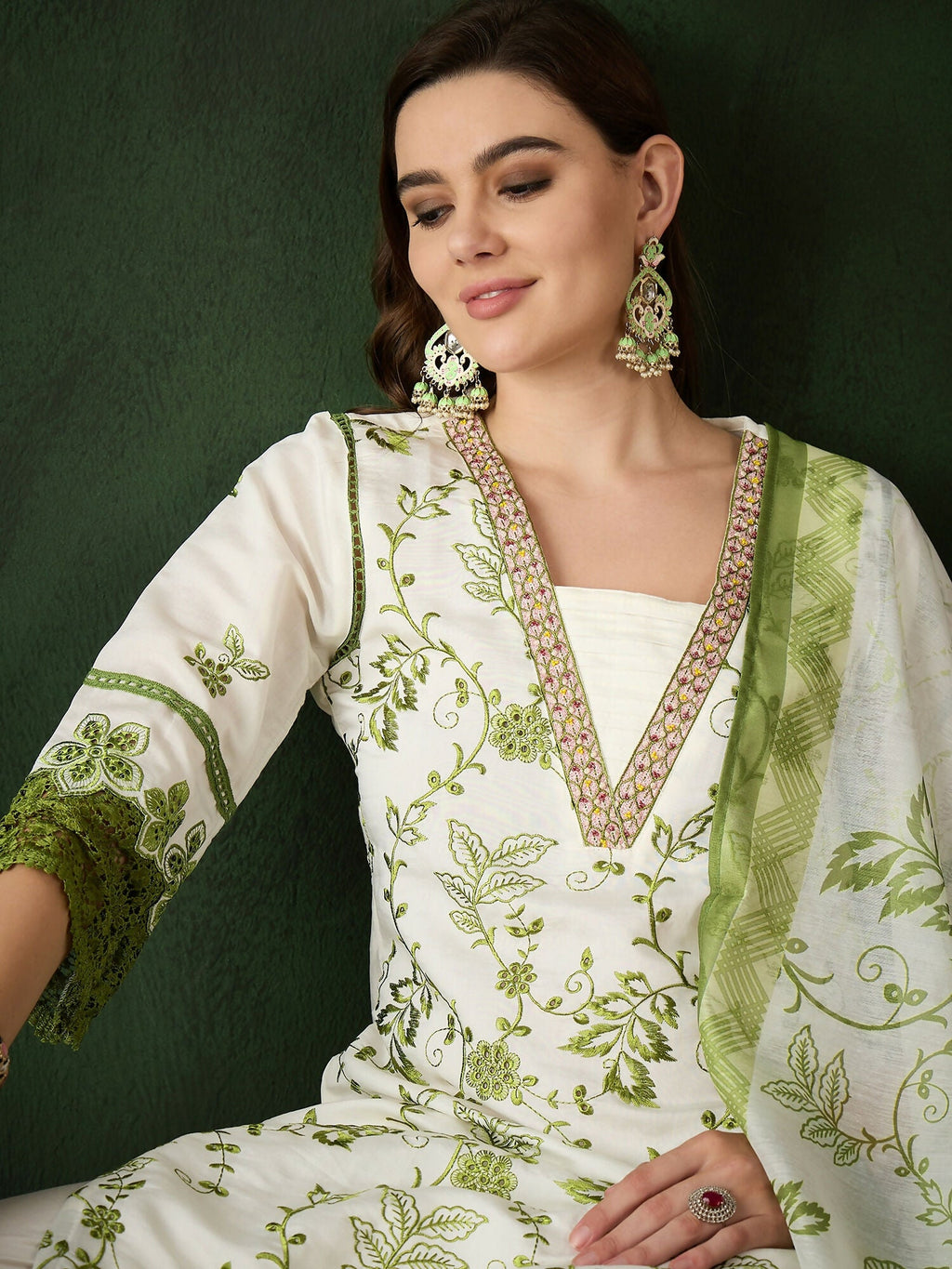 Green & White Roman Silk Embroidered Kurta With Trouser & Dupatta - Bhumi | Grocsy