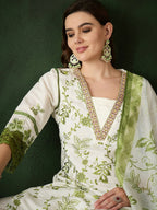 Green & White Roman Silk Embroidered Kurta With Trouser & Dupatta - Bhumi | Grocsy