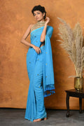 Very Much Indian Pure Mul Cotton Handloom Saree - Sky Blue | Grocsy