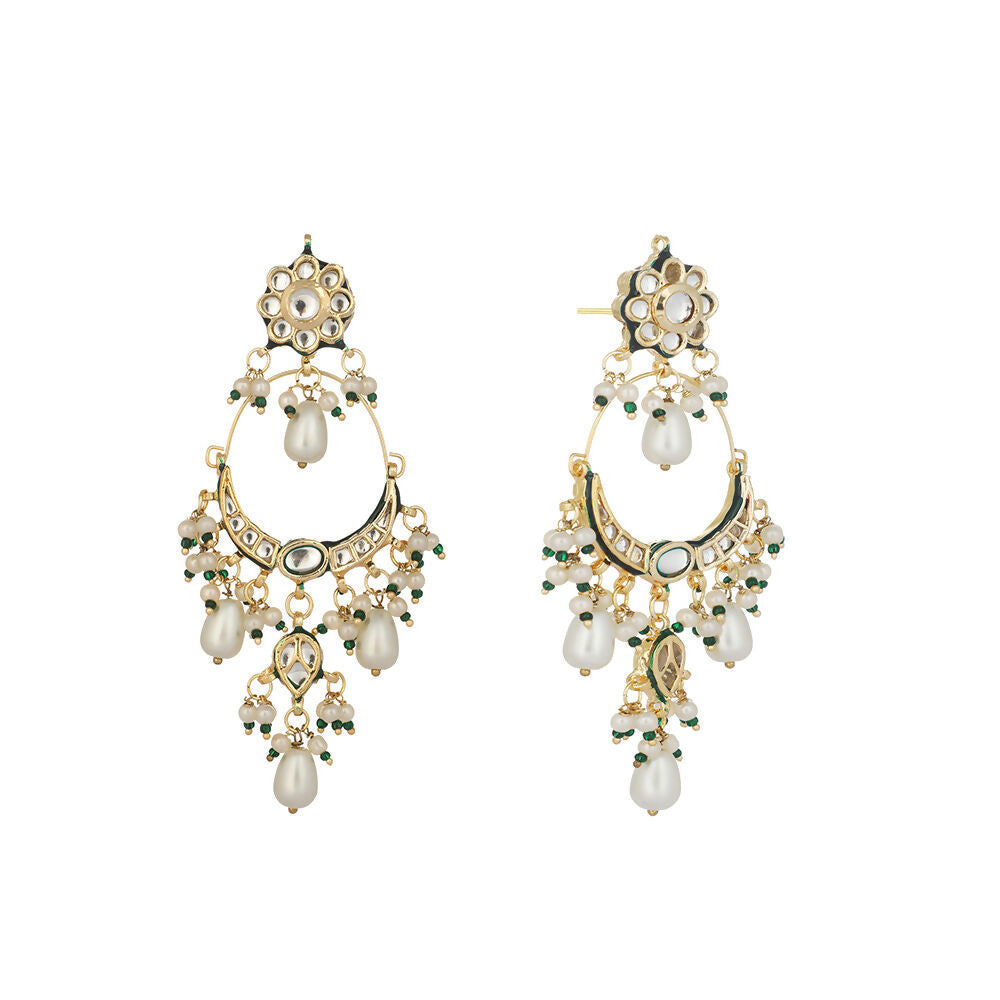 Nuyug 22K Gold Plated Crescent Kundan Drop Pearl Chandbali Earrings | Grocsy