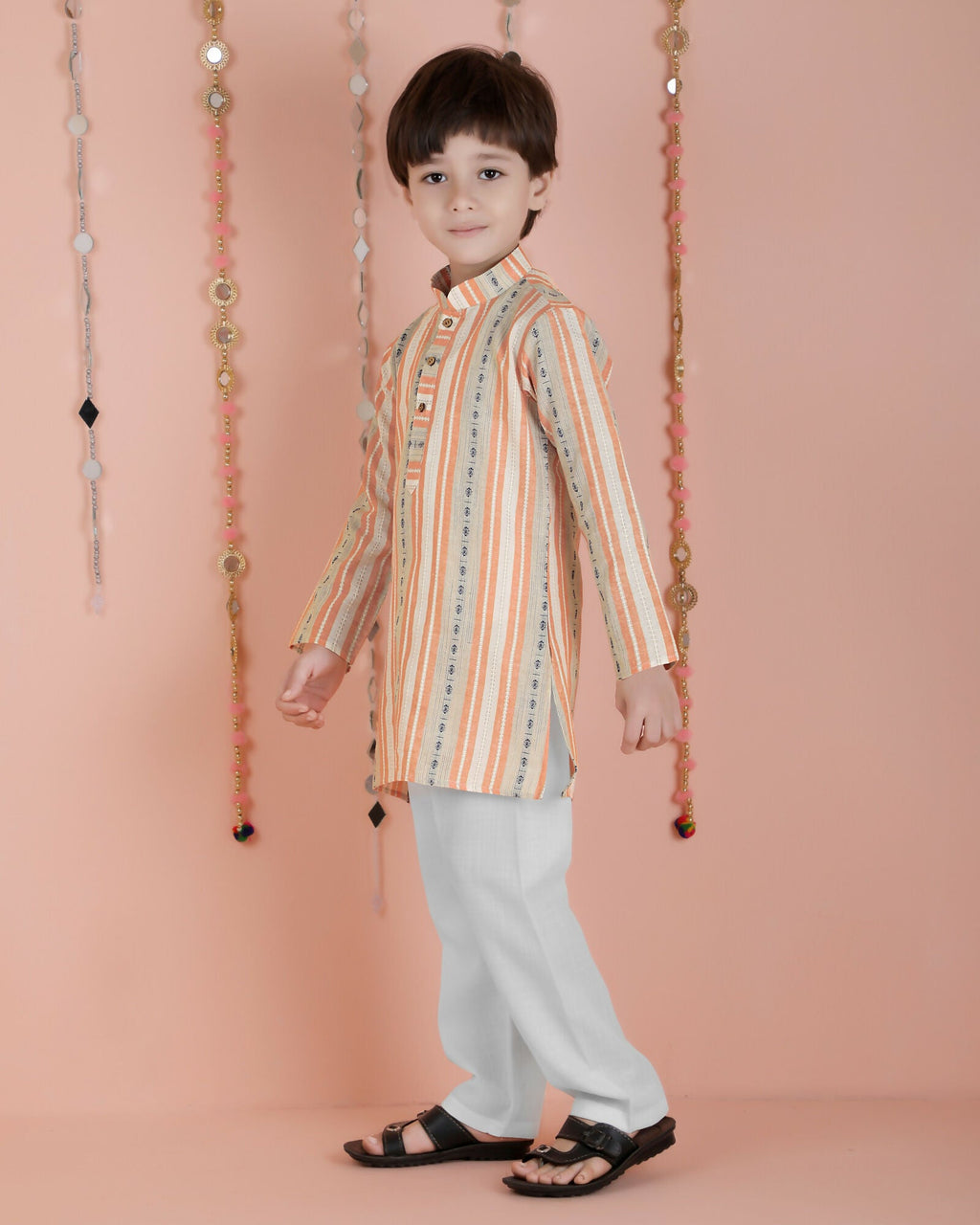 Joban Fashion Kids Island Cotton Full Sleeves Striped Kurta and Pyjama- Orange | Grocsy