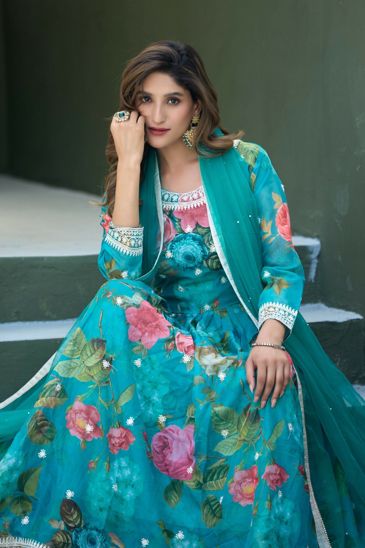Anaita Blue Tabby Silk Readymade Anarkali Suit with Embroidery Thread & Sequence Work | Grocsy