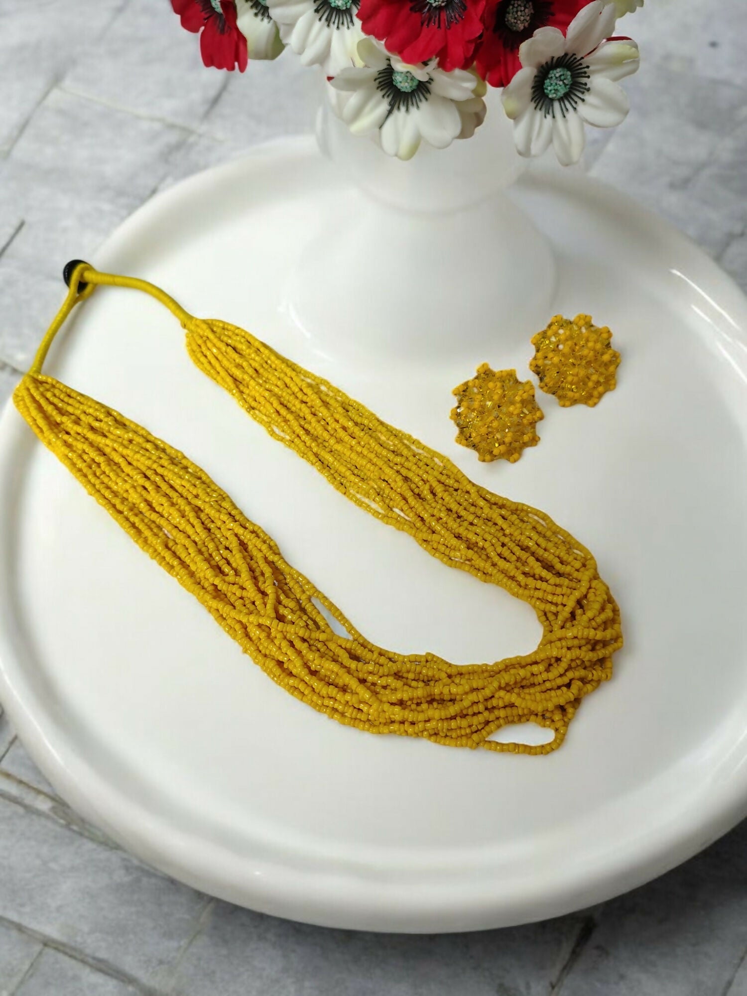 Inhanns Vibrant Handmade 20 Layers Beaded Necklace With Matching Earrings - Yellow | Grocsy