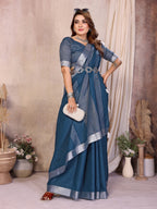 Anaita Navy Blue Weaving Linen Cotton Saree With Blouse | Grocsy