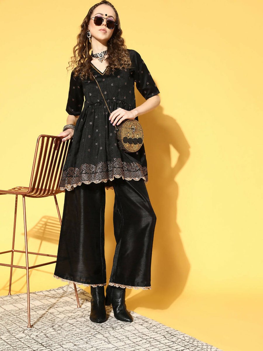 Ahalyaa Women Black Colour Poly Silk Copper Printed Top Palazzo Set | Grocsy