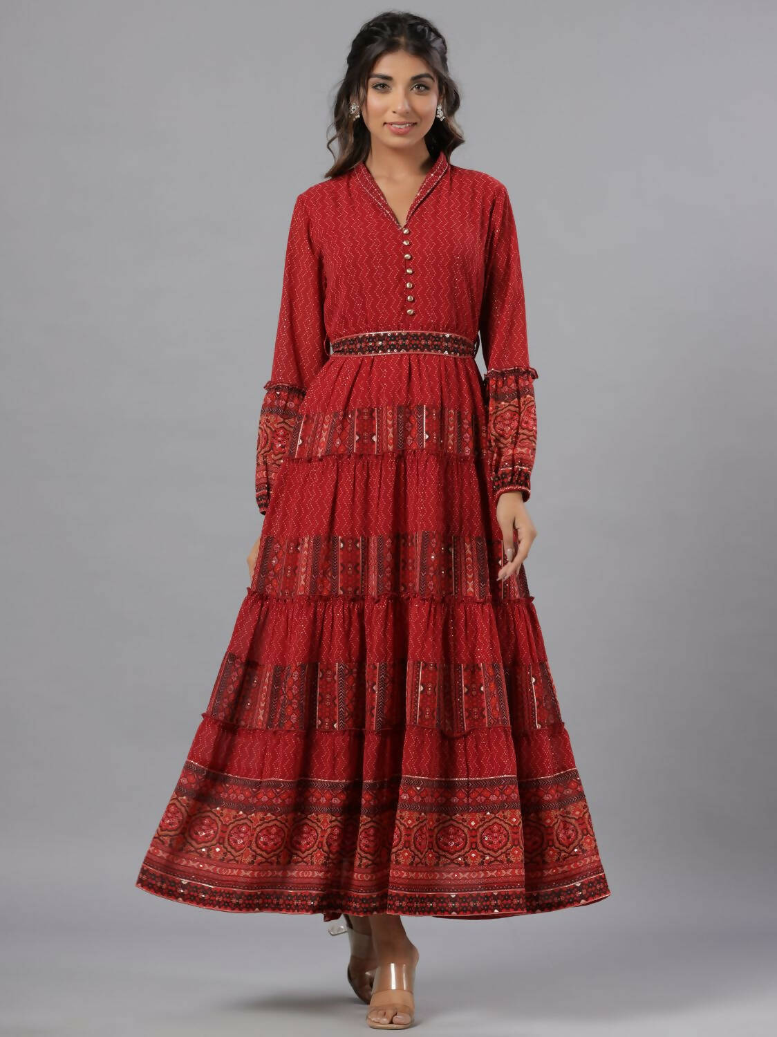 Juniper Women Rust Georgette Printed Tiered Maxi Dress | Grocsy
